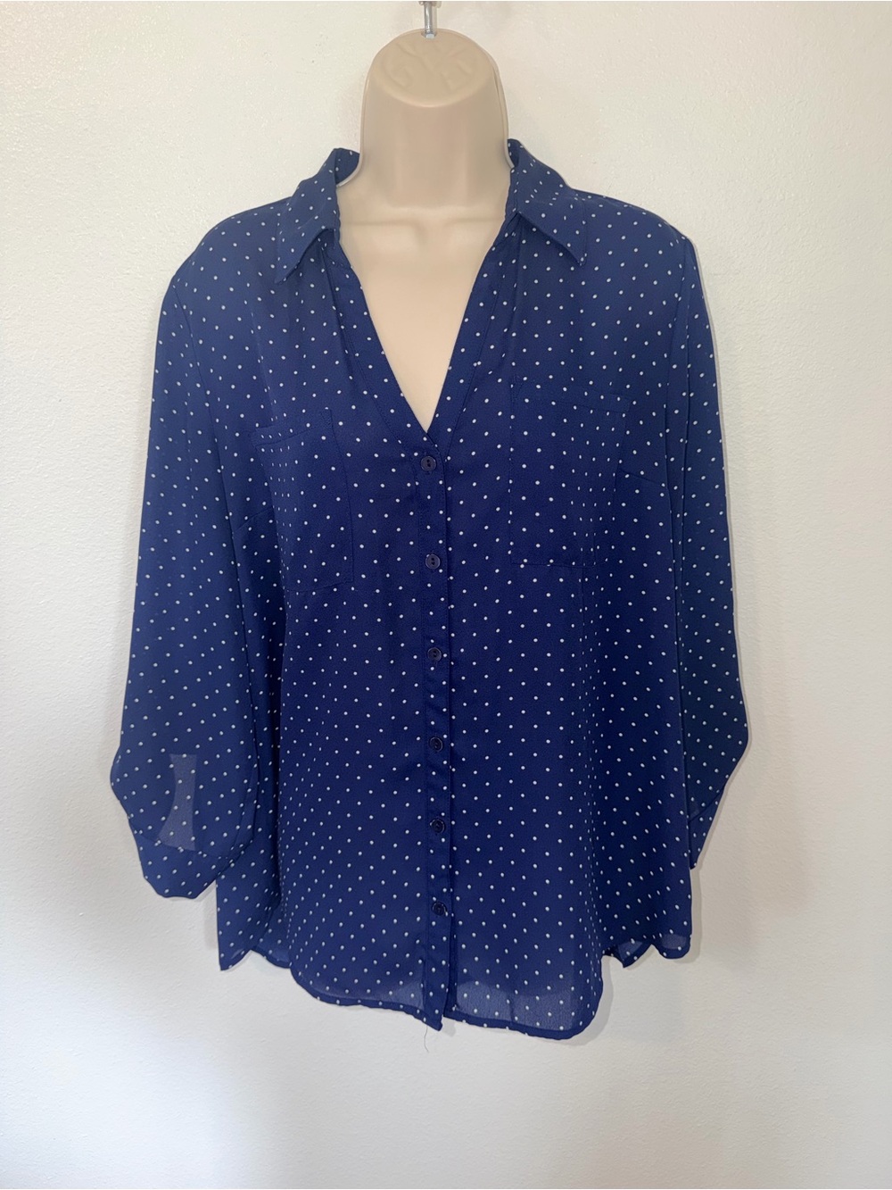 BCX Navy Blue Polka Dot Button-Down Blouse